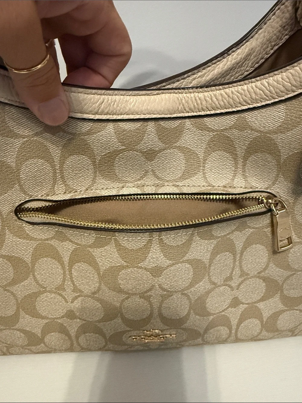 Coach Kristy Signature Beige Canvas Shoulder Bag with Snake-Print Trim